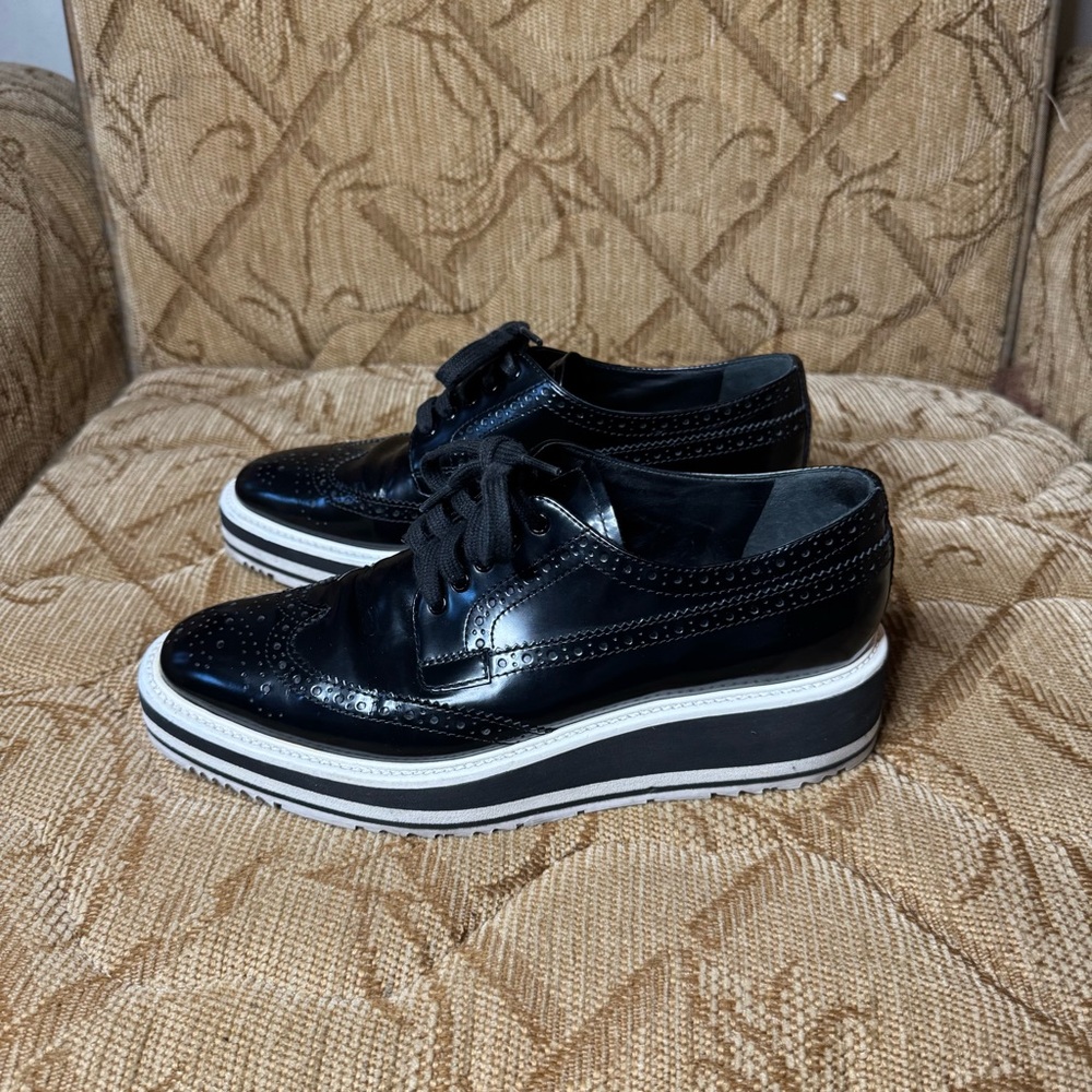 Prada Black Leather Wingtip Platform Brogues black FEMALE Platforms EU 38 - Picture 2 of 9